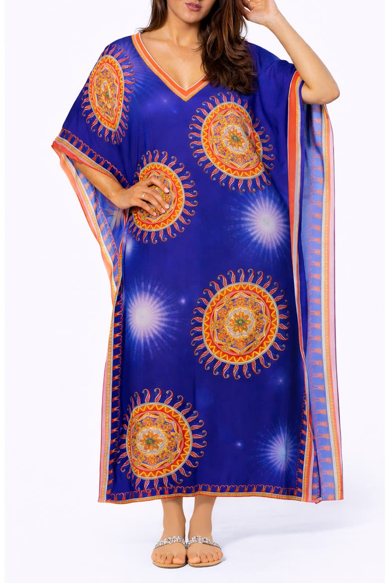 Floral Print V-Neck Maxi Caftan, Main, color, BLUE