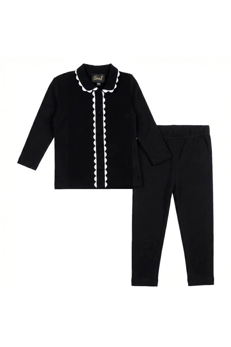 Girl Rick Rack Covered Button Long Sleeve Top and Elastic Waist Pants Two Piece Set, Main, color, Black/White