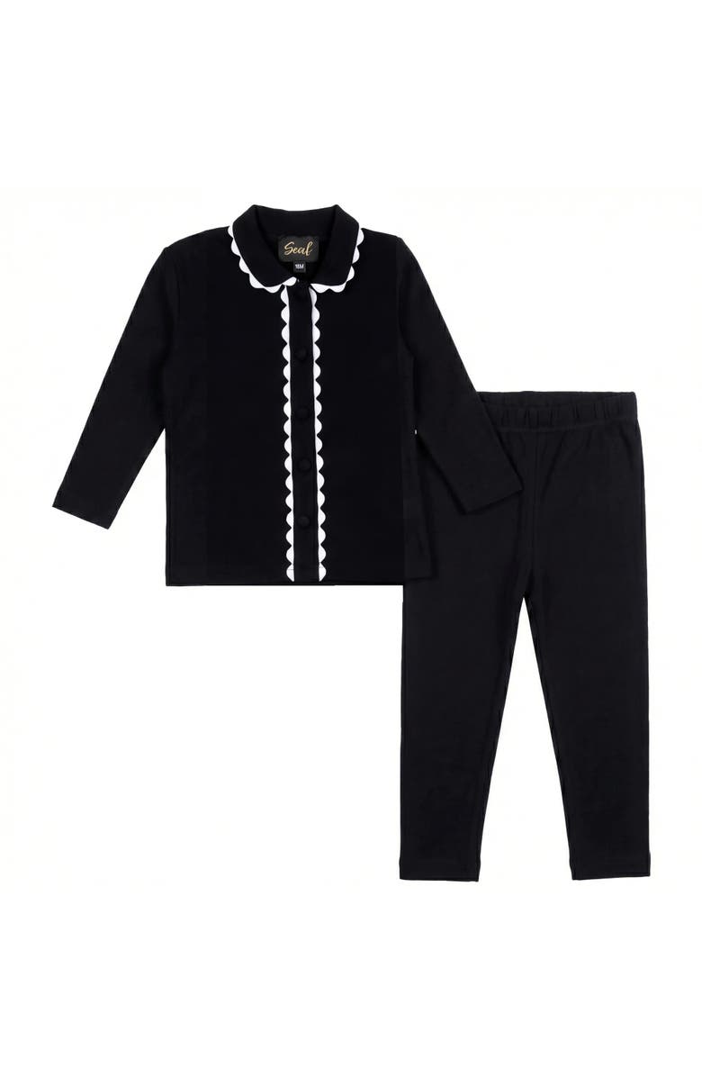 Seal Girl Rick Rack Covered Button Long Sleeve Top and Elastic Waist Pants Two Piece Set, Main, color, Black/White