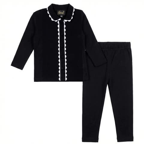Girl Rick Rack Covered Button Long Sleeve Top and Elastic Waist Pants Two Piece Set (Baby)