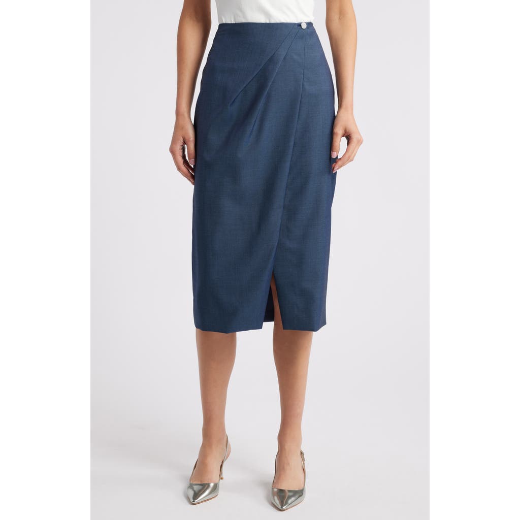 Shop Hugo Boss Boss Velibea Virgin Wool Faux Wrap Midi Skirt In Indigo