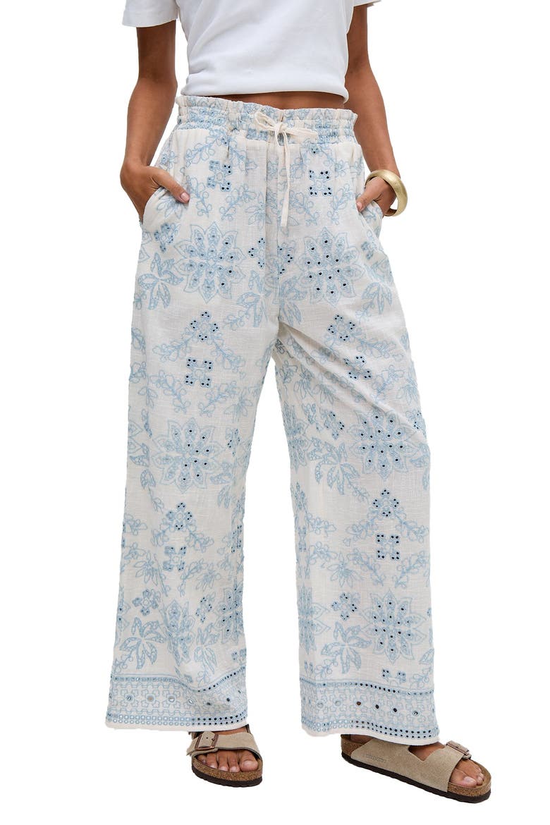 Cherice Wide leg All Over Embroidered Trouser, Main, color, Cream