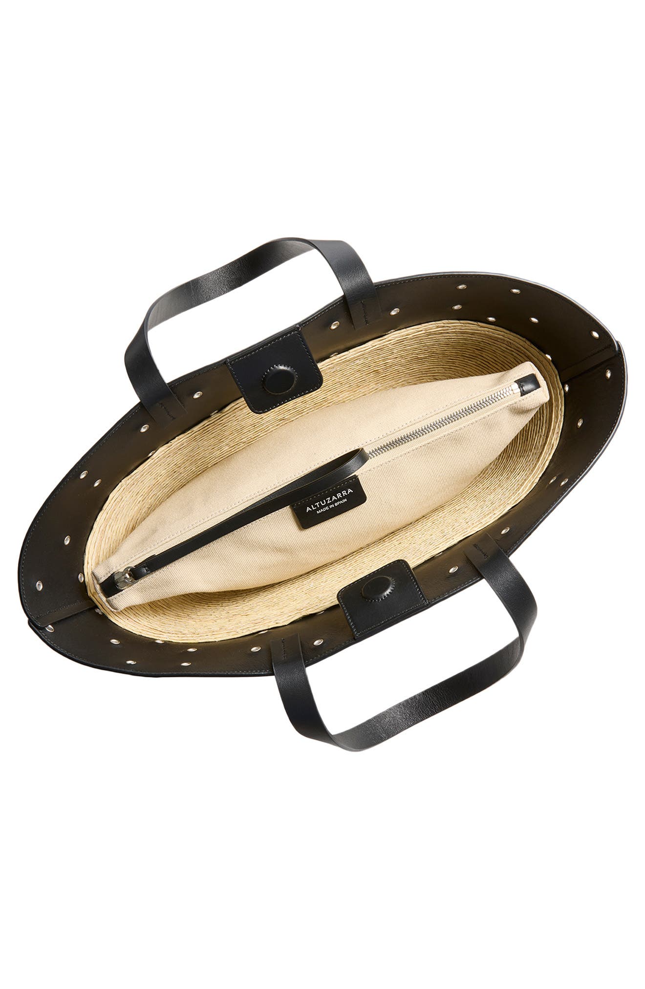 Altuzarra Knot Studded Leather & Straw Basket Tote, Alternate, color, 381001 Black/ Silver