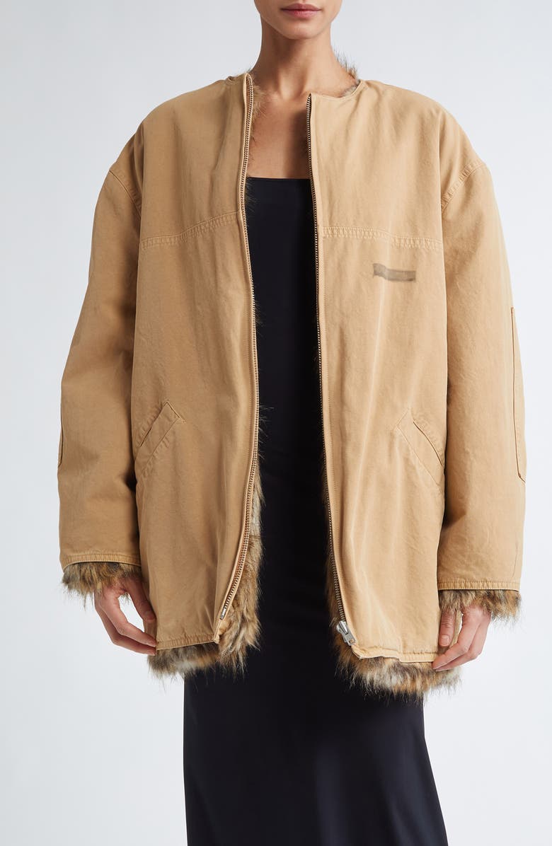 MM6 Maison Margiela Reversible Cotton Gabardine & Faux Fur Jacket, Main, color, Ocre