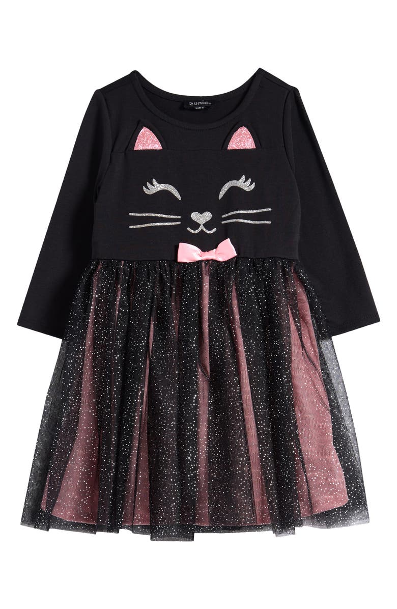 Zunie Kids' Kitty Long Sleeve Jersey & Tulle Party Dress, Main, color, 