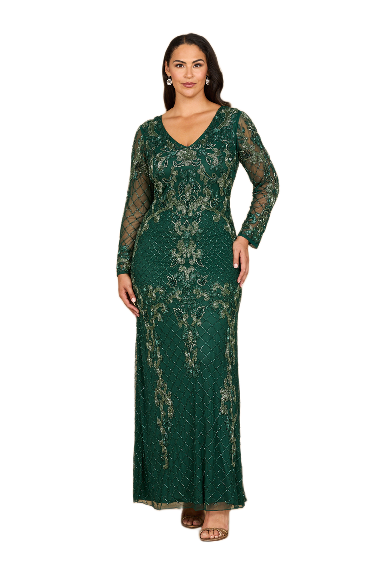 Long Sleeve Contrast Beaded Gown, Main, color, Dark Green