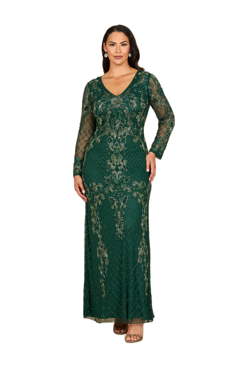 LARA New York Long Sleeve Contrast Beaded Gown, Main, color, Dark Green