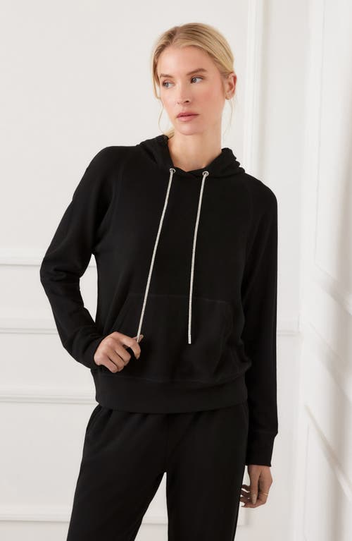 Karen Kane Rhinestone Drawstring Double Knit Hoodie In Black