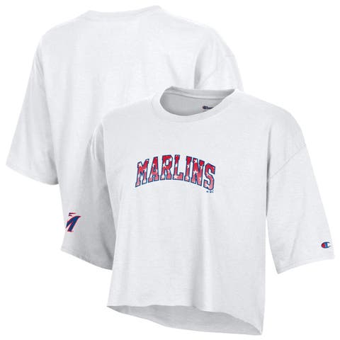 Women's Champion White Miami Marlins Boyfriend Cropped Americana T-Shirt
