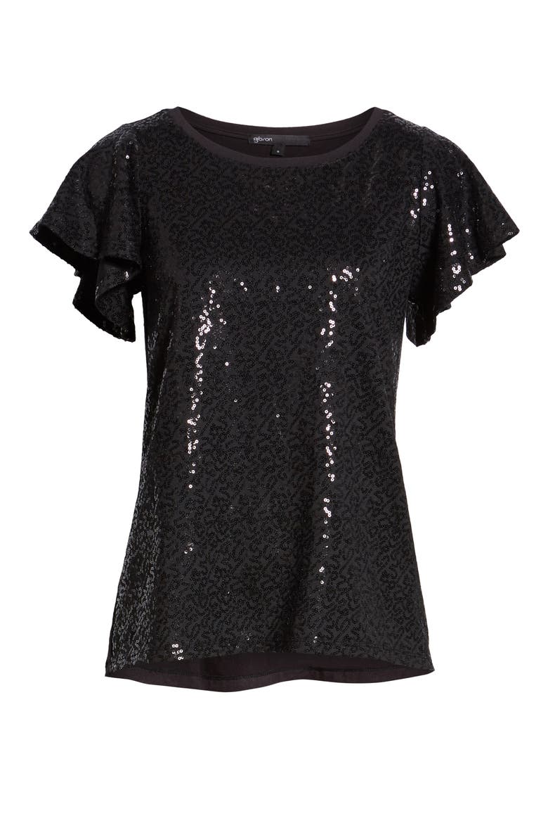 Gibson x Glam Squad Sequin Flutter Sleeve Top (Nordstrom Exclusive), Alternate, color, BLACK