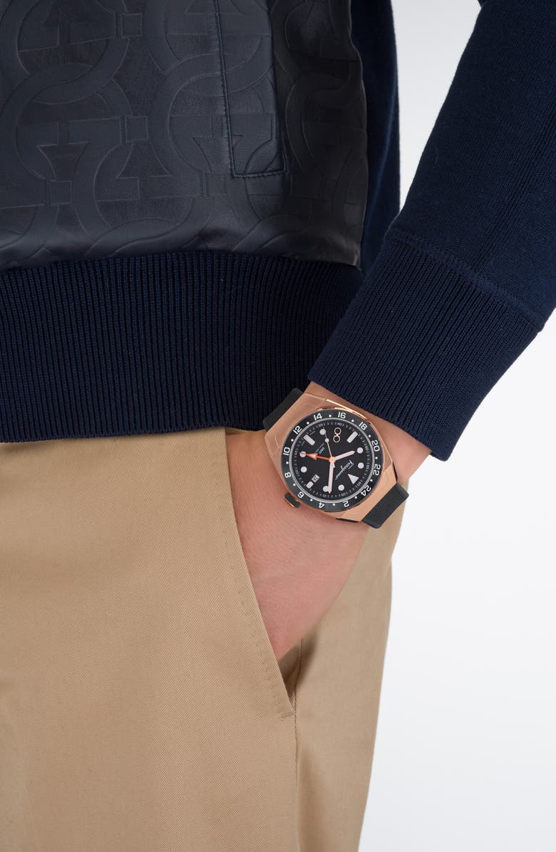 FERRAGAMO SLX GMT Leather Strap Watch, 43mm, Alternate, color, Rose Gold