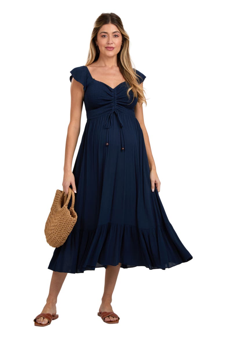 Smocked Ruched Ruffle Hem Maxi Dress, Main, color, Navy Blue