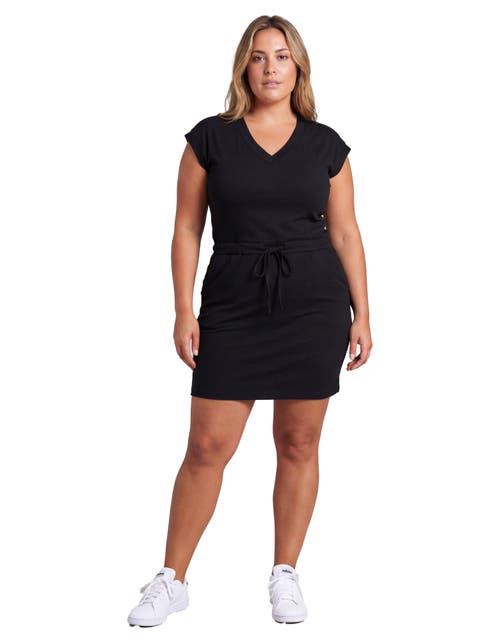 Curvy Essential Ribbed Knit V-Neck Drawstring Waist Pocket Knee-Length Dress
