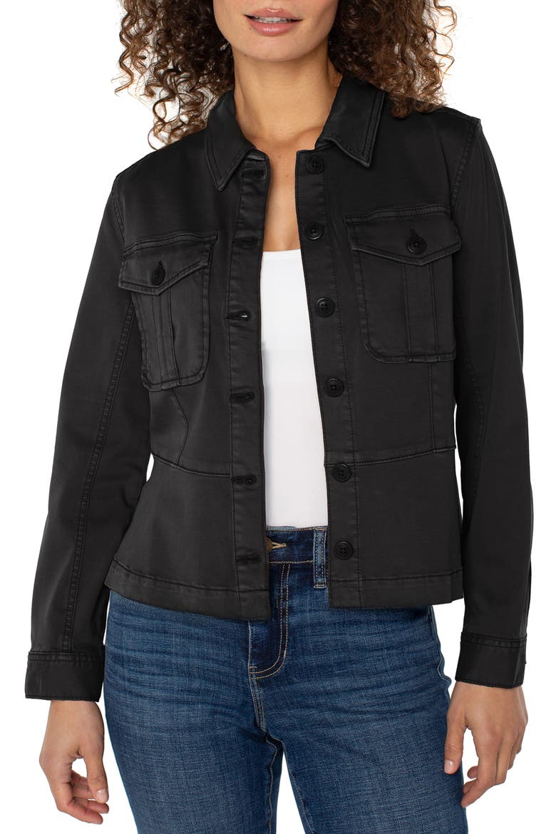 Peplum Twill Trucker Jacket, Main, color, ONYX