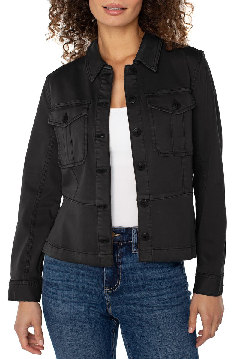 Liverpool Los Angeles Peplum Twill Trucker Jacket, Main, color, Onyx