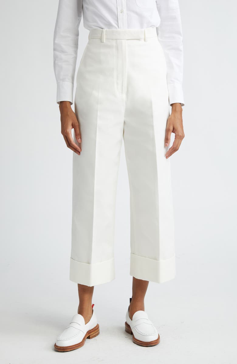 Thom Browne High Waist Straight Leg Cotton Canvas Crop Pants, Main, color, Off White