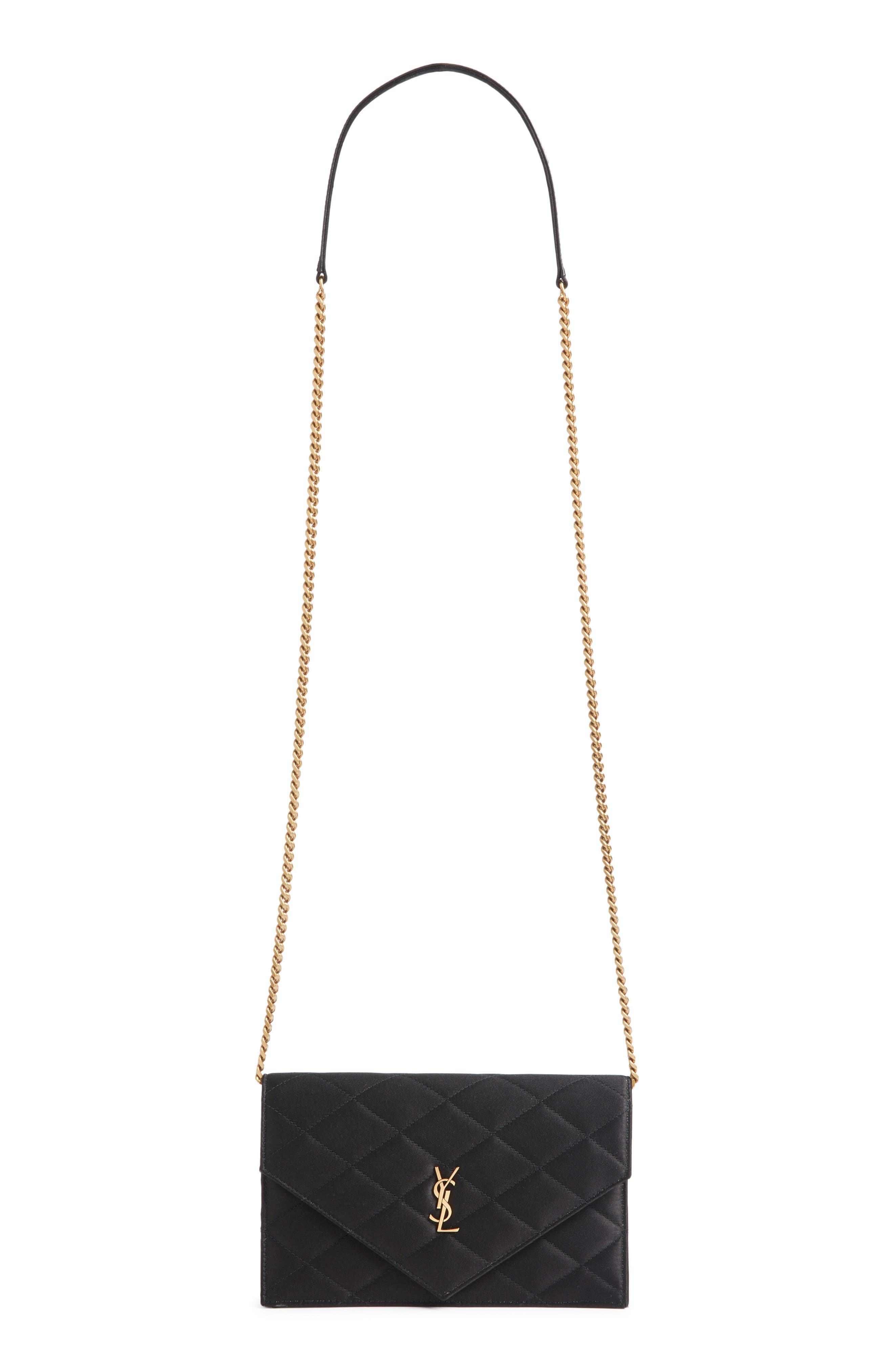 Paris Diamond Quilted Satin Wallet on a Chain, Main, color, NOIR