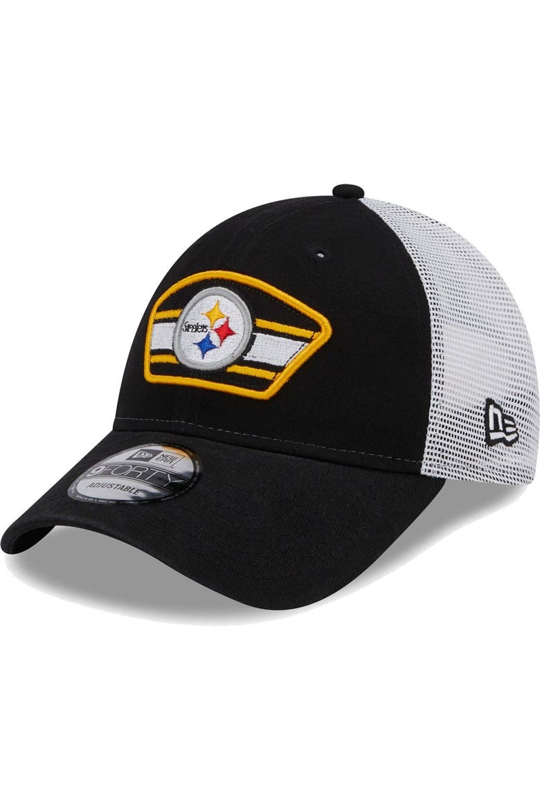 Men's New Era Black/White Pittsburgh Steelers Logo Patch Trucker 9FORTY Snapback Hat, Main, color, Black