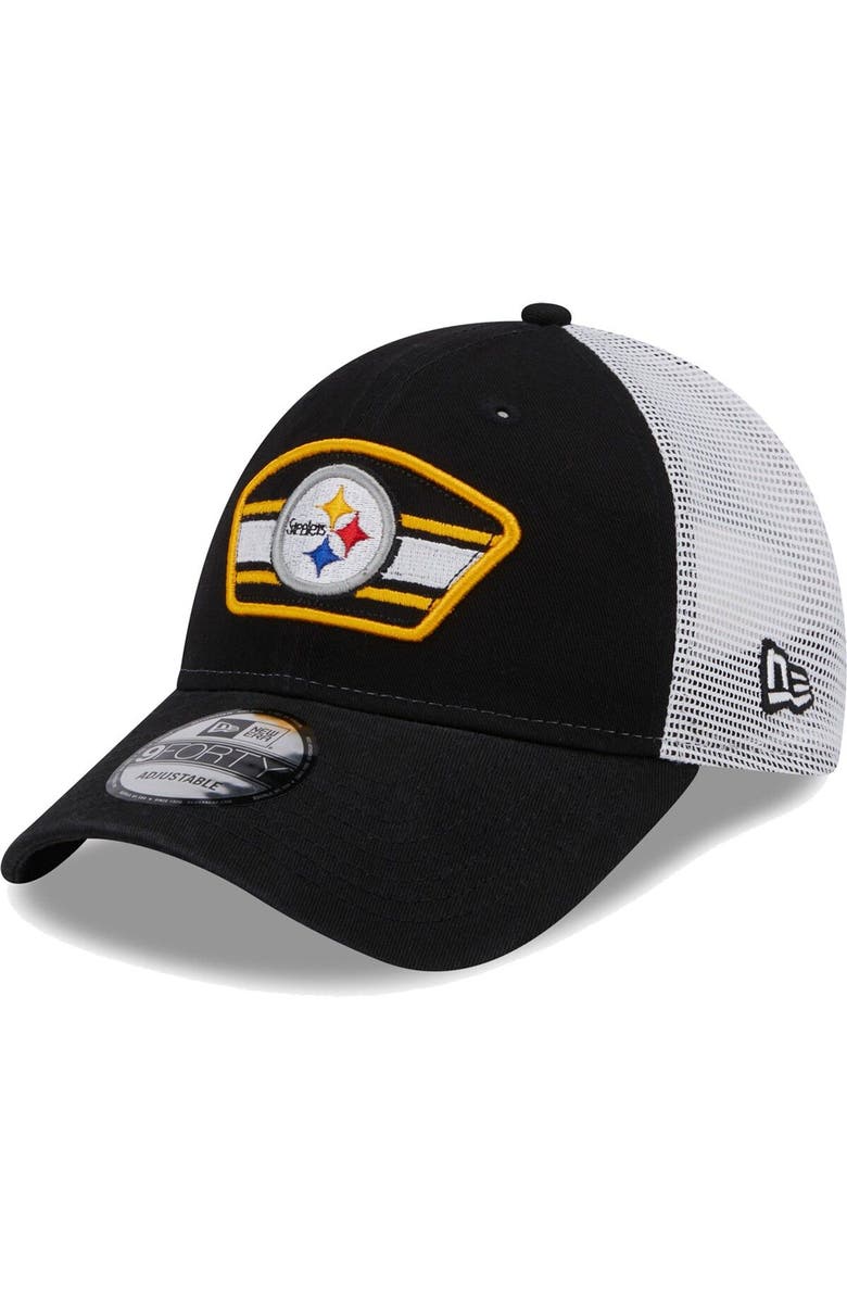 New Era Men's New Era Black/White Pittsburgh Steelers Logo Patch Trucker 9FORTY Snapback Hat, Main, color, 