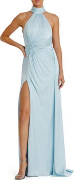 Mac Duggal Open Back High Neck Side Ruched Gown