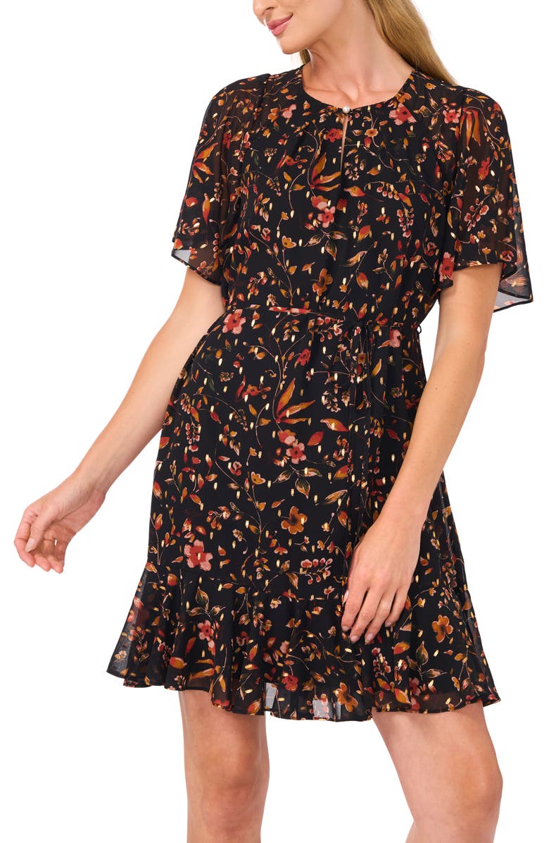 CeCe Floral Print Tie Waist Minidress, Alternate, color, 