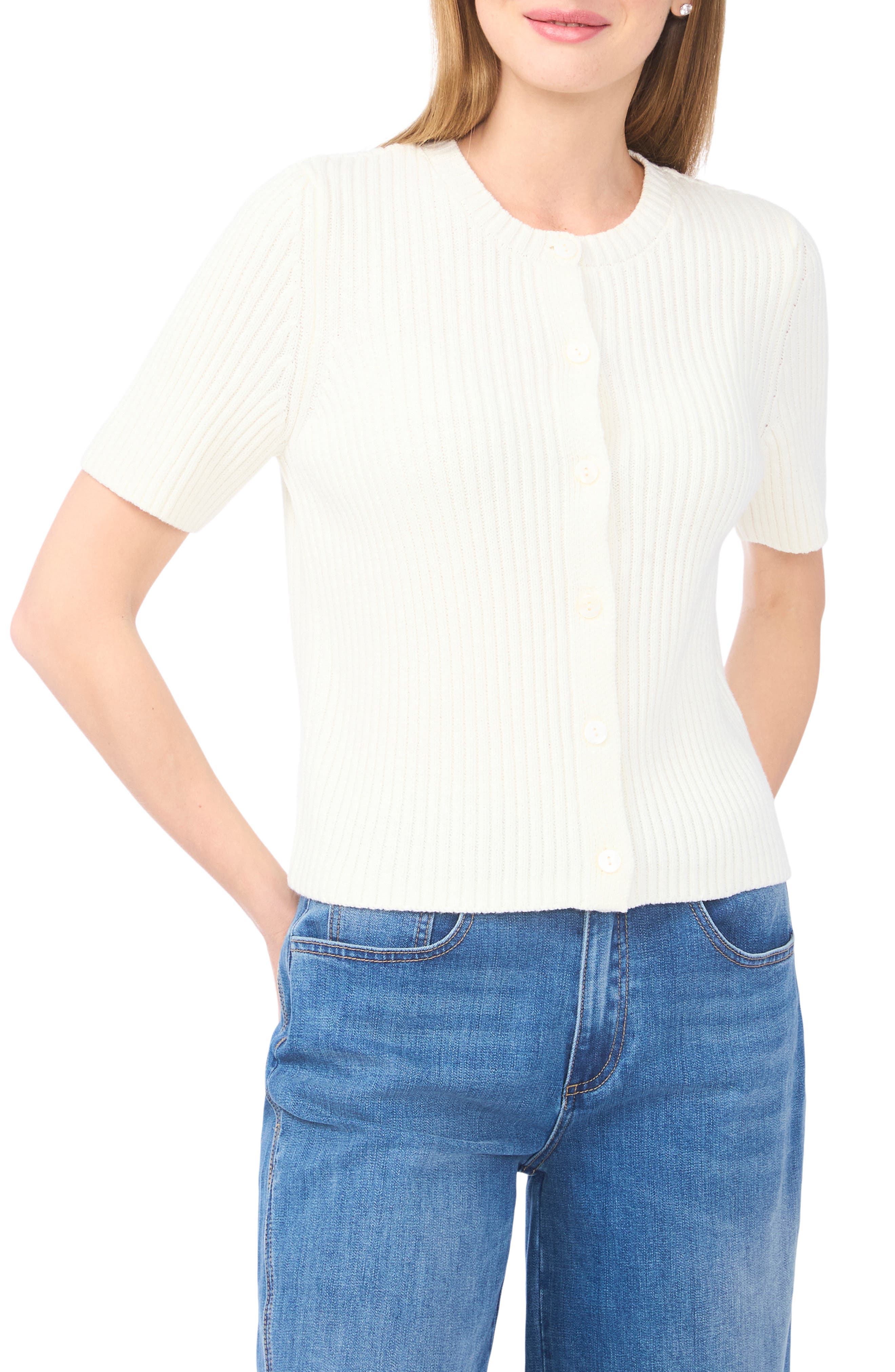 Halogen ® Ribbed Short Sleeve Cardigan In White