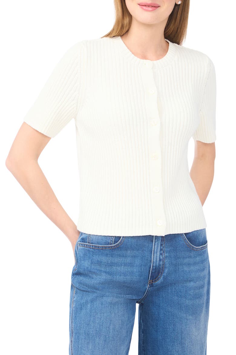 Ribbed Short Sleeve Cardigan, Main, color, NEW IVORY