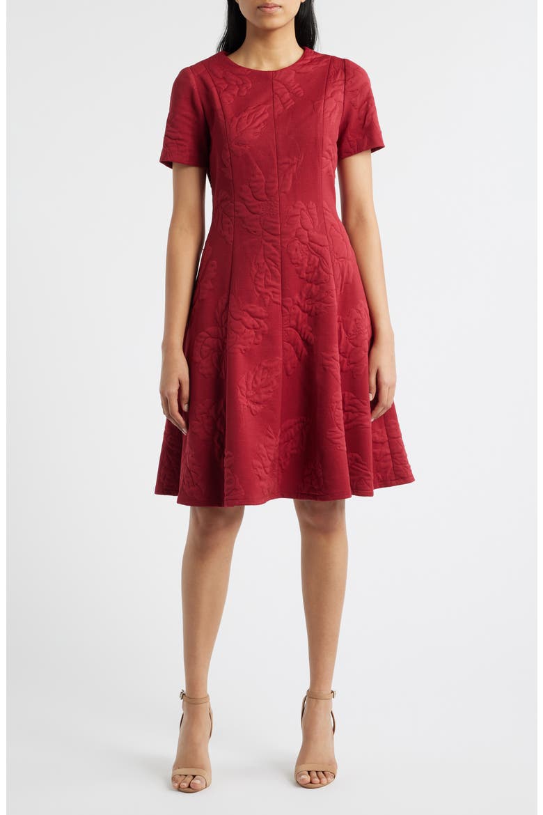 Floral Jacquard Fit & Flare Dress, Main, color, BURGUNDY