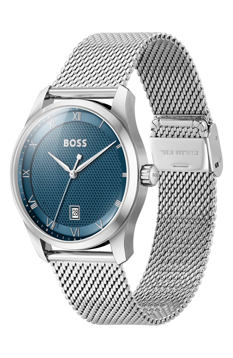 BOSS Principle Mesh Strap Watch, 41mm, Alternate, color, Silver/ Galvanic Blue