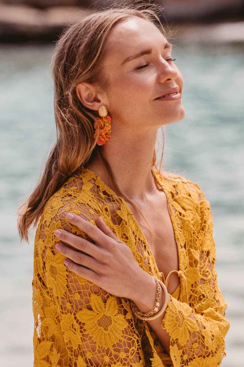 Sequin Flower Creole Statement Earrings in Sunset Mix, Alternate, color, Sunset Mix