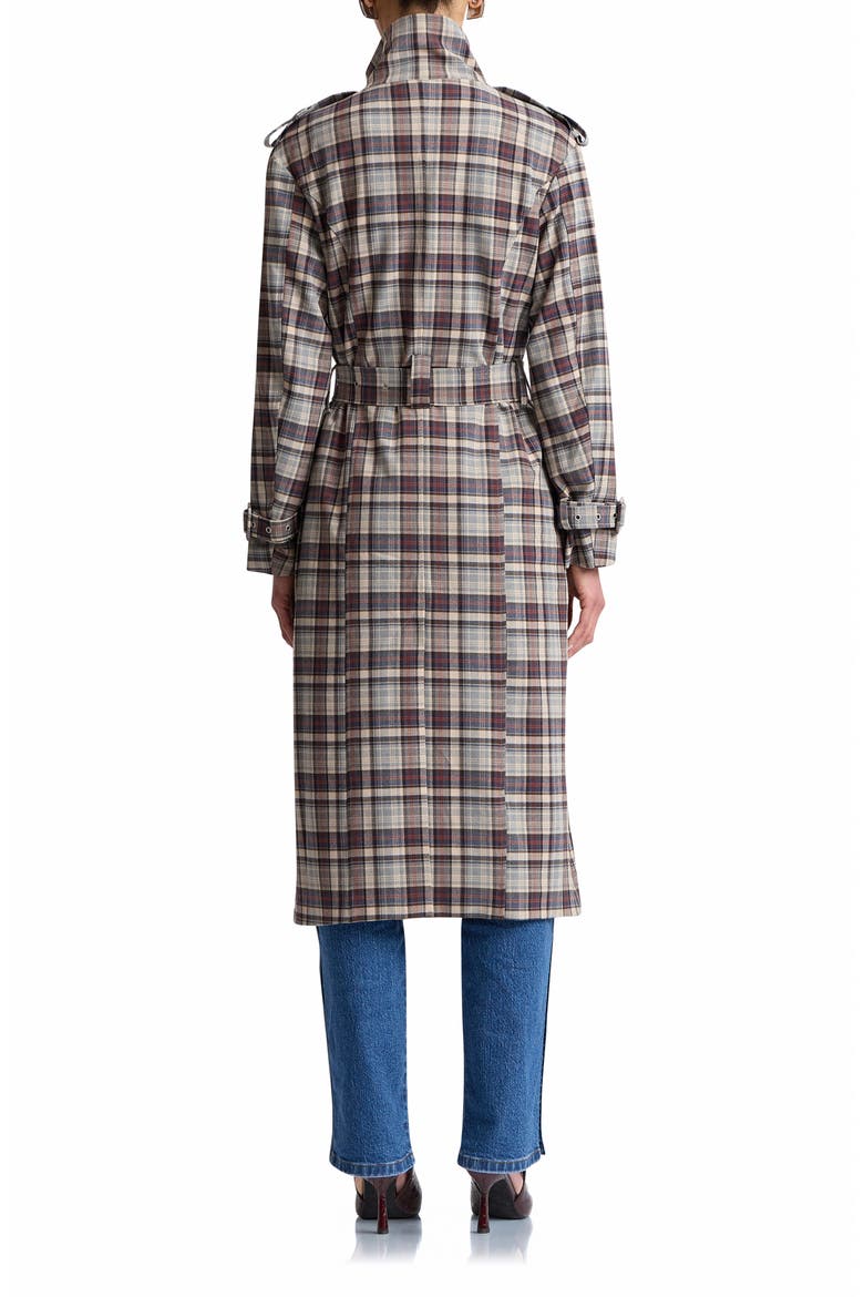 Relaxed Belted Funnel Neck Coat, Alternate, color, GREY - BLUE PLAID