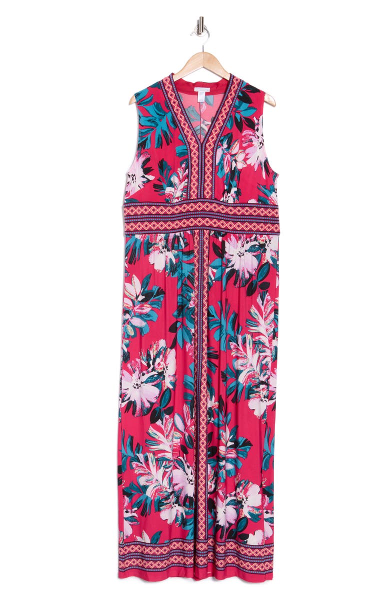 London Times Border Print Sleeveless Jersey Maxi Dress, Alternate, color, Fuchsia