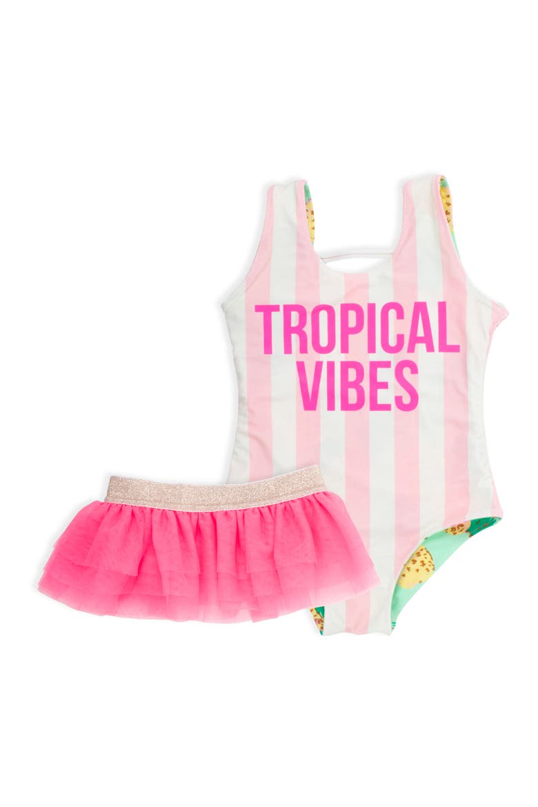 Tropical Vibes Reversible One-Piece Swimsuit & Tulle Skirt Set, Alternate, color, MULTIDNU
