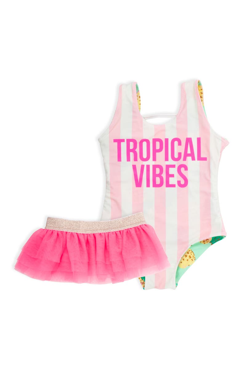 Shade Critters Tropical Vibes Reversible One-Piece Swimsuit & Tulle Skirt Set, Alternate, color,