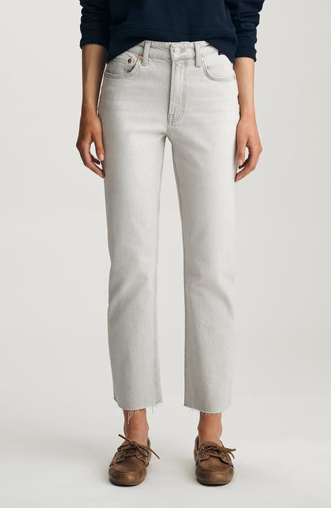 New York Raw Hem High Waist Ankle Straight Leg Jeans (Ice Grey Classic Blue)