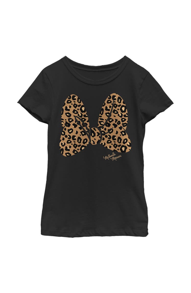 Mickey & Friends Girl's Mickey & Friends Minnie Mouse Cheetah Print Bow Signature  Graphic T-Shirt, Main, color, Black