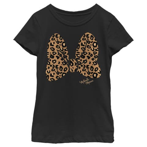 Girl's Mickey & Friends Minnie Mouse Cheetah Print Bow Signature  Graphic T-Shirt