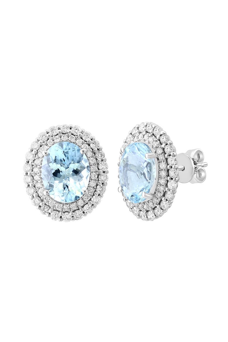 14K White Gold Diamond Aquamarine Oval Stud Earrings, Alternate, color, 14K Gold