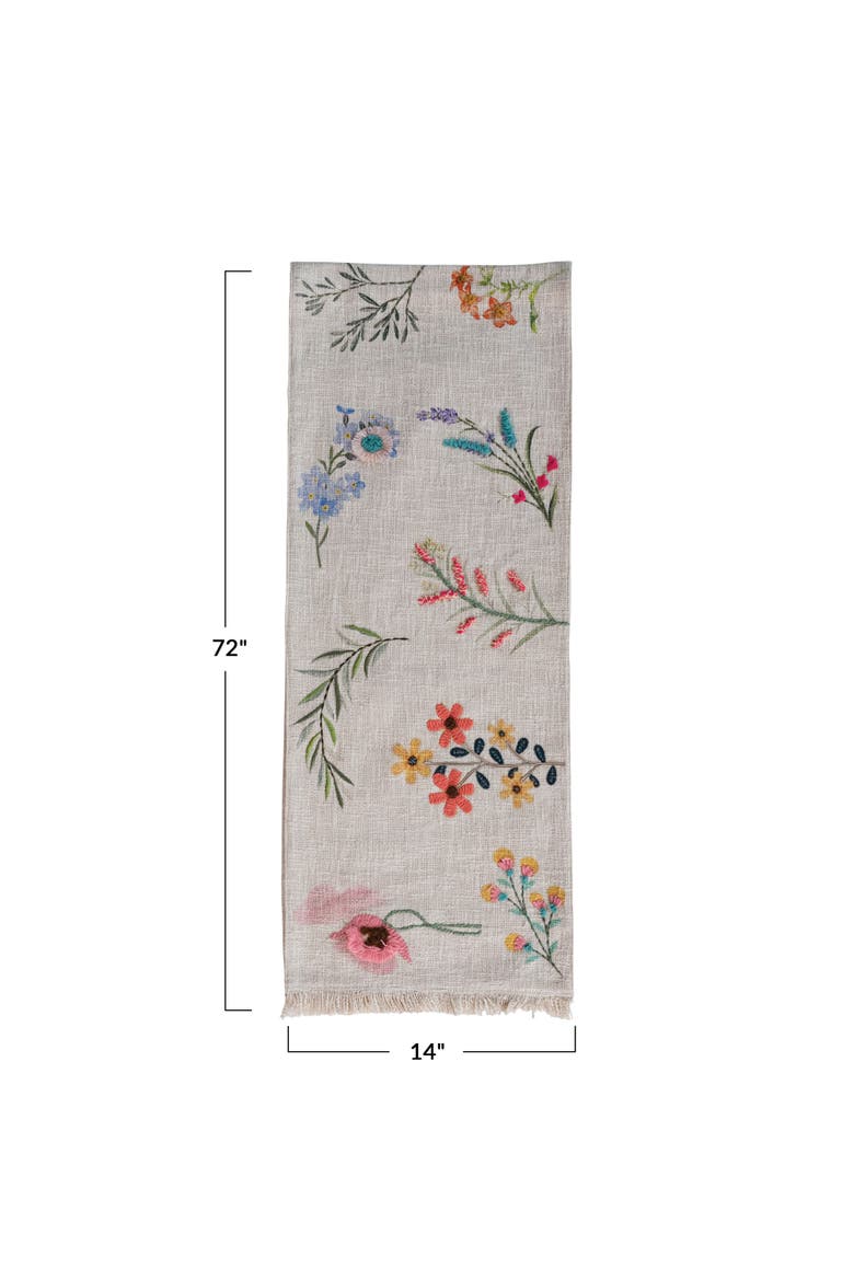 Long Slub Printed Rectangle Table Runner with Flowers, Embroidery and Fringe, Multicolor, Alternate, color, White