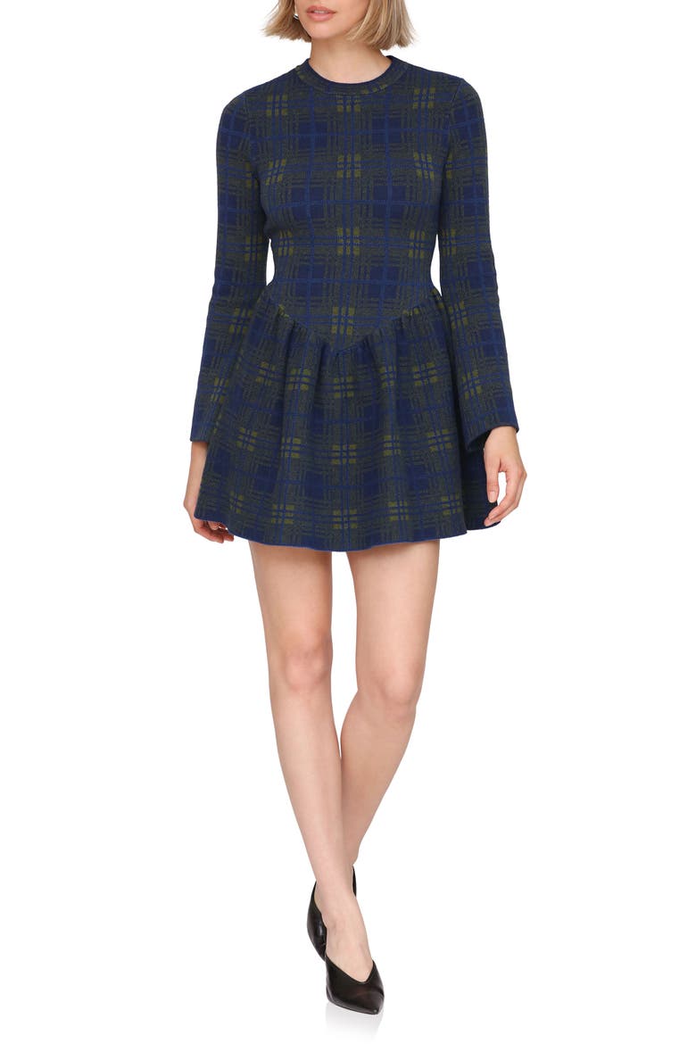 Basque Waist Long Sleeve Skater Sweater Dress, Main, color, CADET