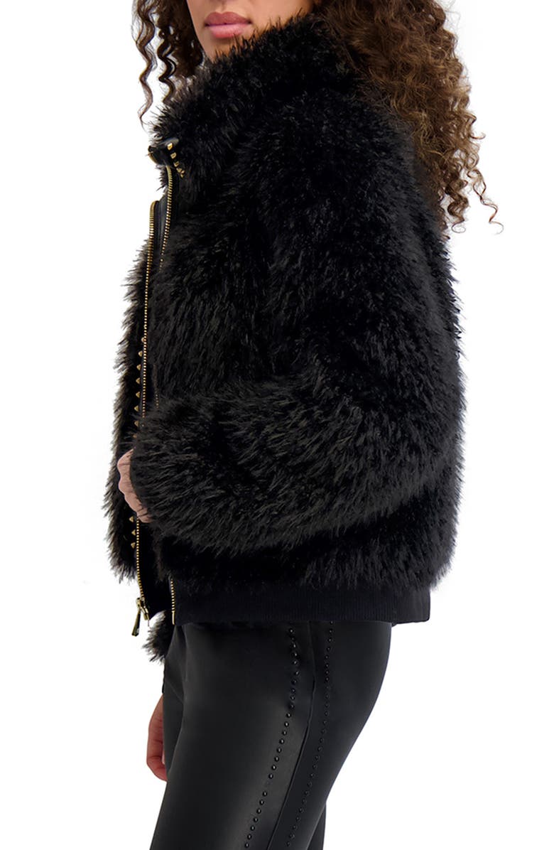 KARL LAGERFELD PARIS Shaggy Studded Faux Fur Bomber Jacket, Alternate, color, Black