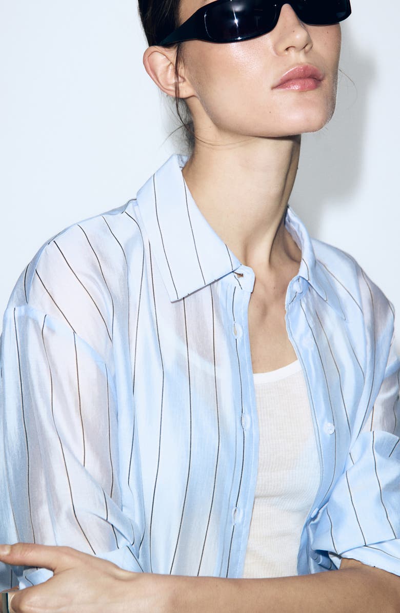 MANGO Stripe Sheer Button-Up Shirt, Alternate, color, Sky Blue