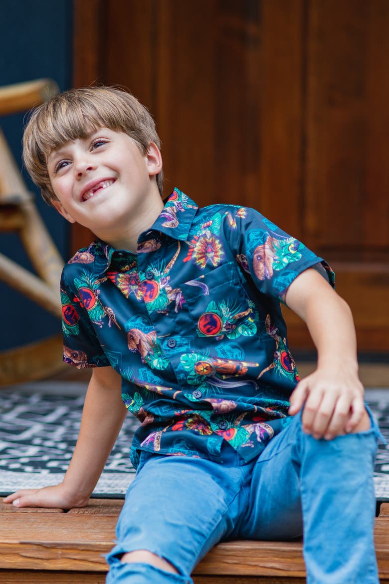 Jurassic Park T-Rex Hawaiian Short Sleeve Button Down Shirt, Alternate, color, Black Dino Tropical