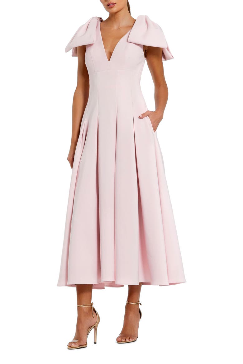 Crepe A Line Midi Dress With Bow Straps, Main, color, Blush