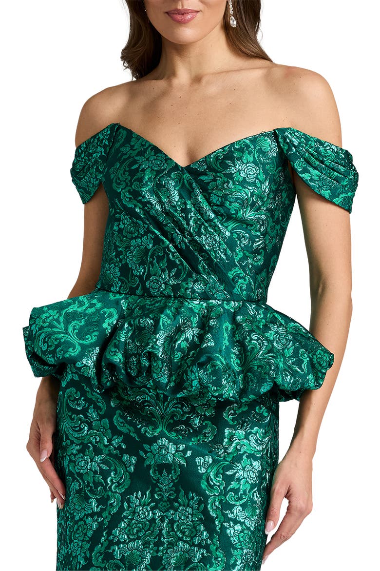 Medallion Jacquard Peplum Gown, Alternate, color, EMERALD GREEN/ MULTI