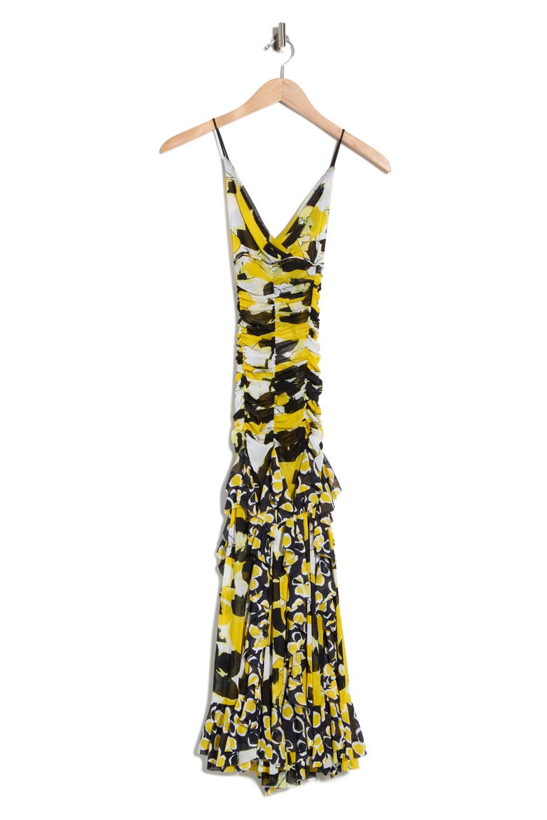 Portia Ruched Mesh Ruffle Cocktail Dress, Alternate, color, EGONS FLORAL YELLOW