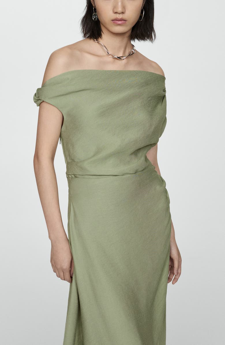 MANGO Ruched Asymmetric Hem One-Shoulder Dress, Alternate, color, Medium Green