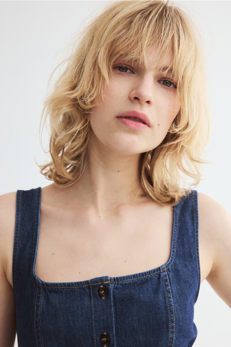 Denim Peplum Top, Alternate, color, Dark denim blue