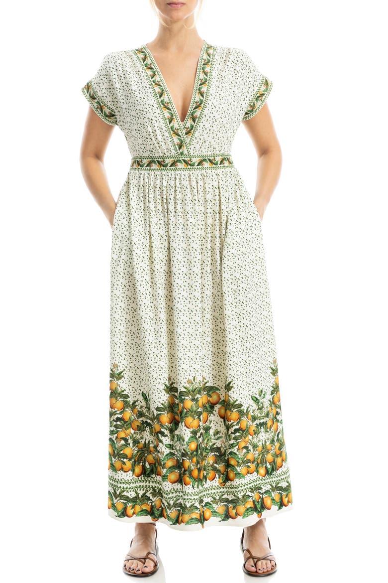 Surplice Neck Short Sleeve Maxi Dress, Alternate, color, CREAM/ ORANGE CITRUS
