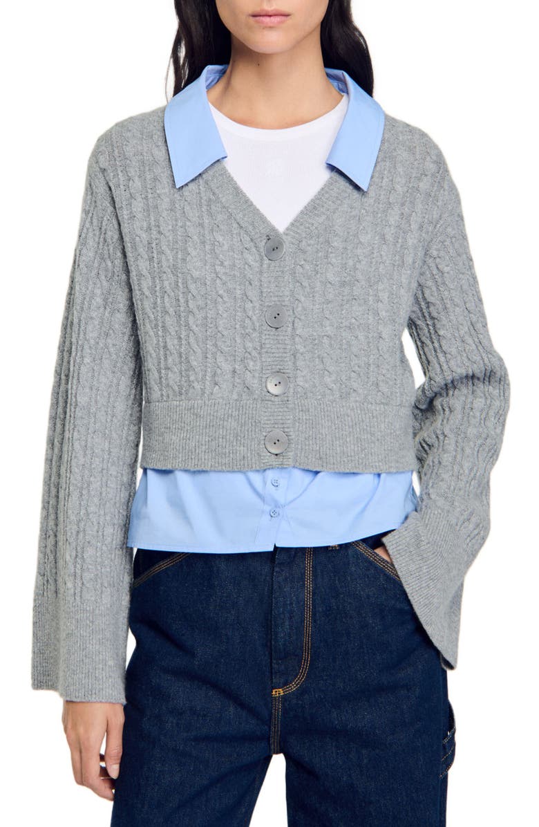 SANDRO Cardigan with removable shirt collar, Alternate, color, 